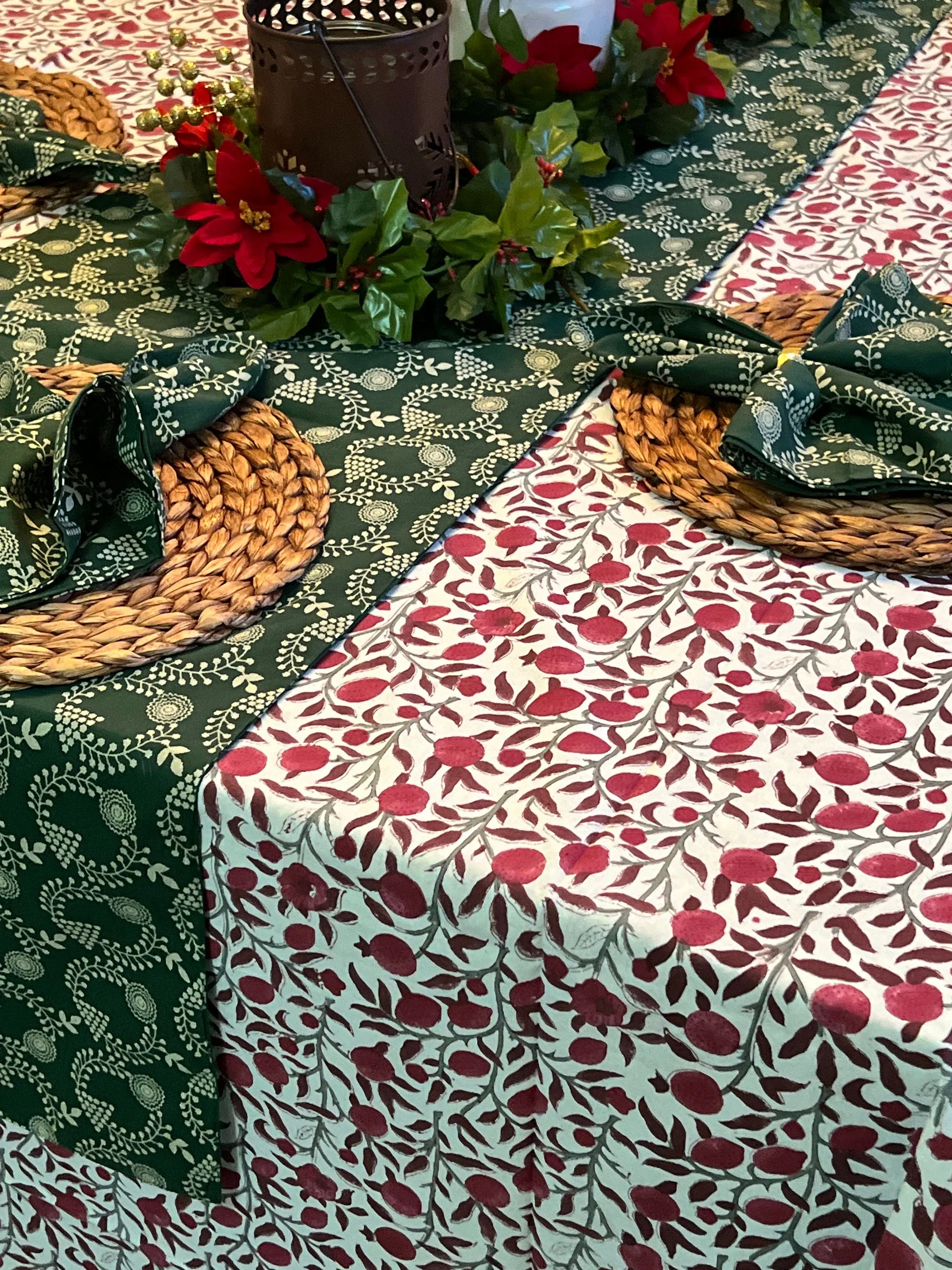 Floral block print cotton tablecloth, 60x108, Dining room decor, Housewarming gift, Wedding gift, Party decor, New home gift