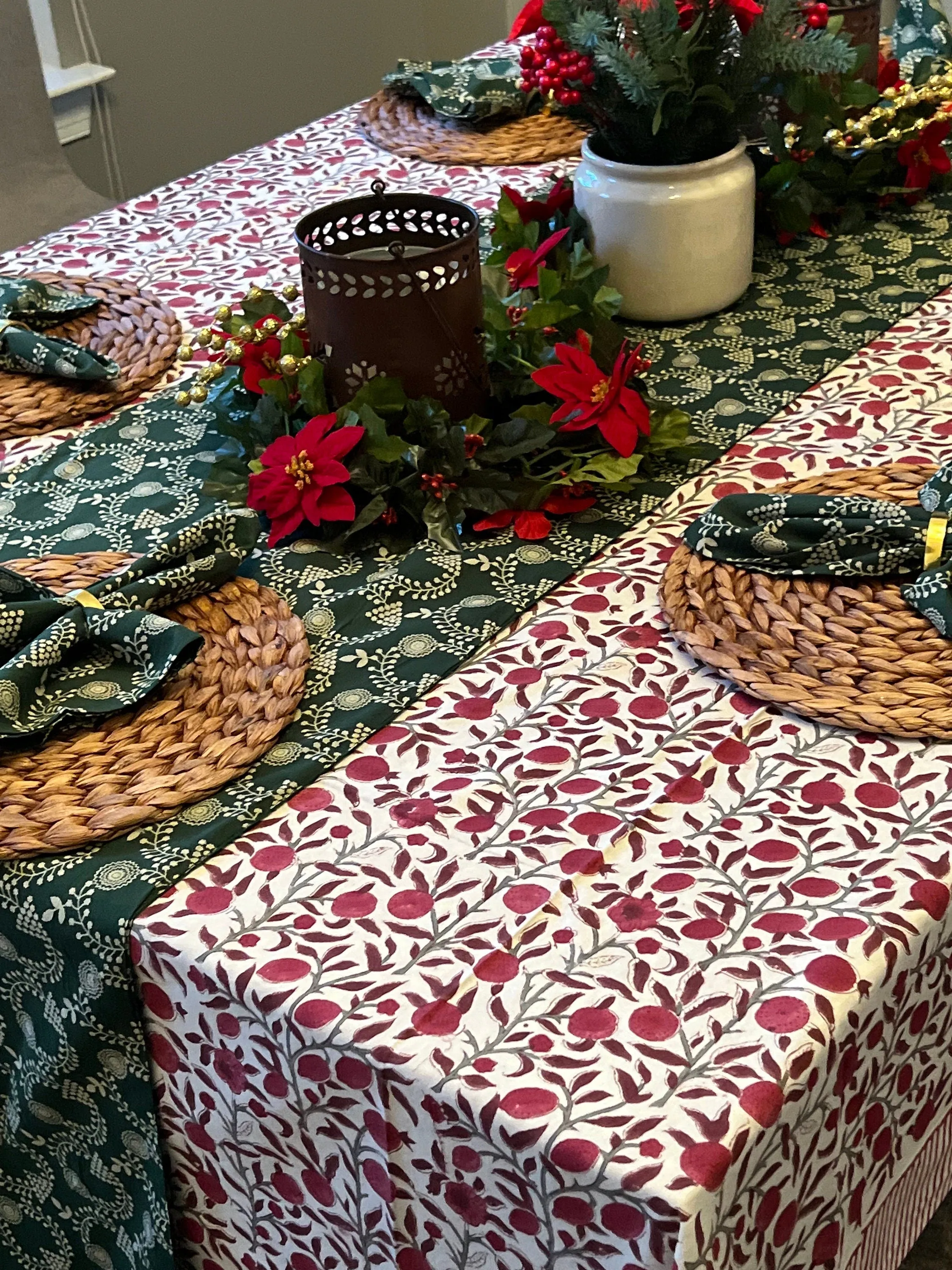 Floral block print cotton tablecloth, 60x108, Dining room decor, Housewarming gift, Wedding gift, Party decor, New home gift