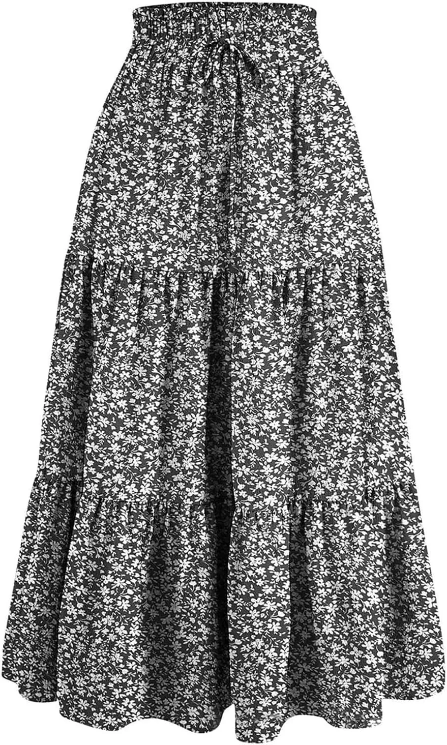 Floral Maxi Skirt for Women Summer Boho Tiered Elastic High Waisted Skirts Vacation A-Line Flowy Swing Long Skirts