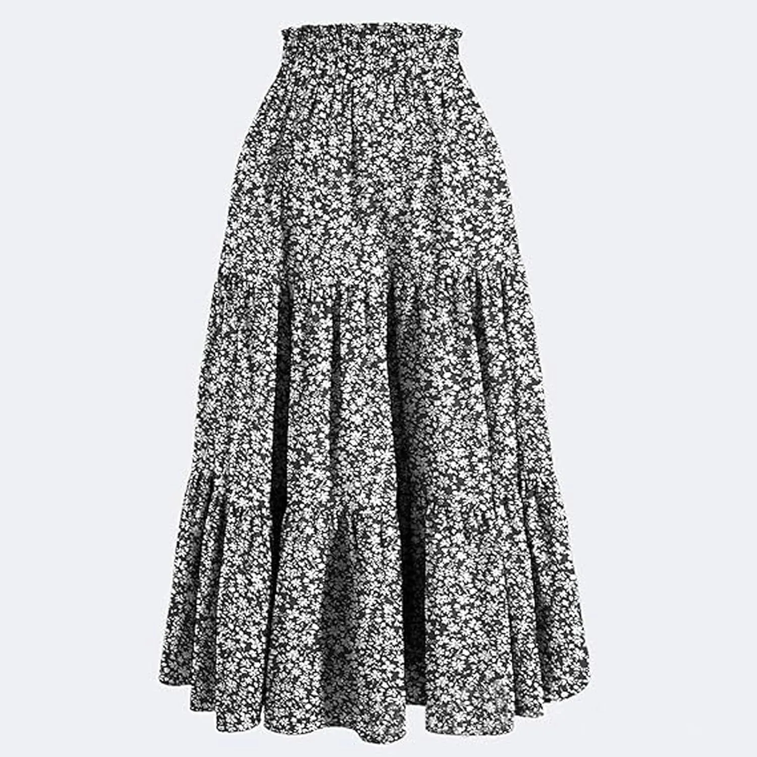 Floral Maxi Skirt for Women Summer Boho Tiered Elastic High Waisted Skirts Vacation A-Line Flowy Swing Long Skirts