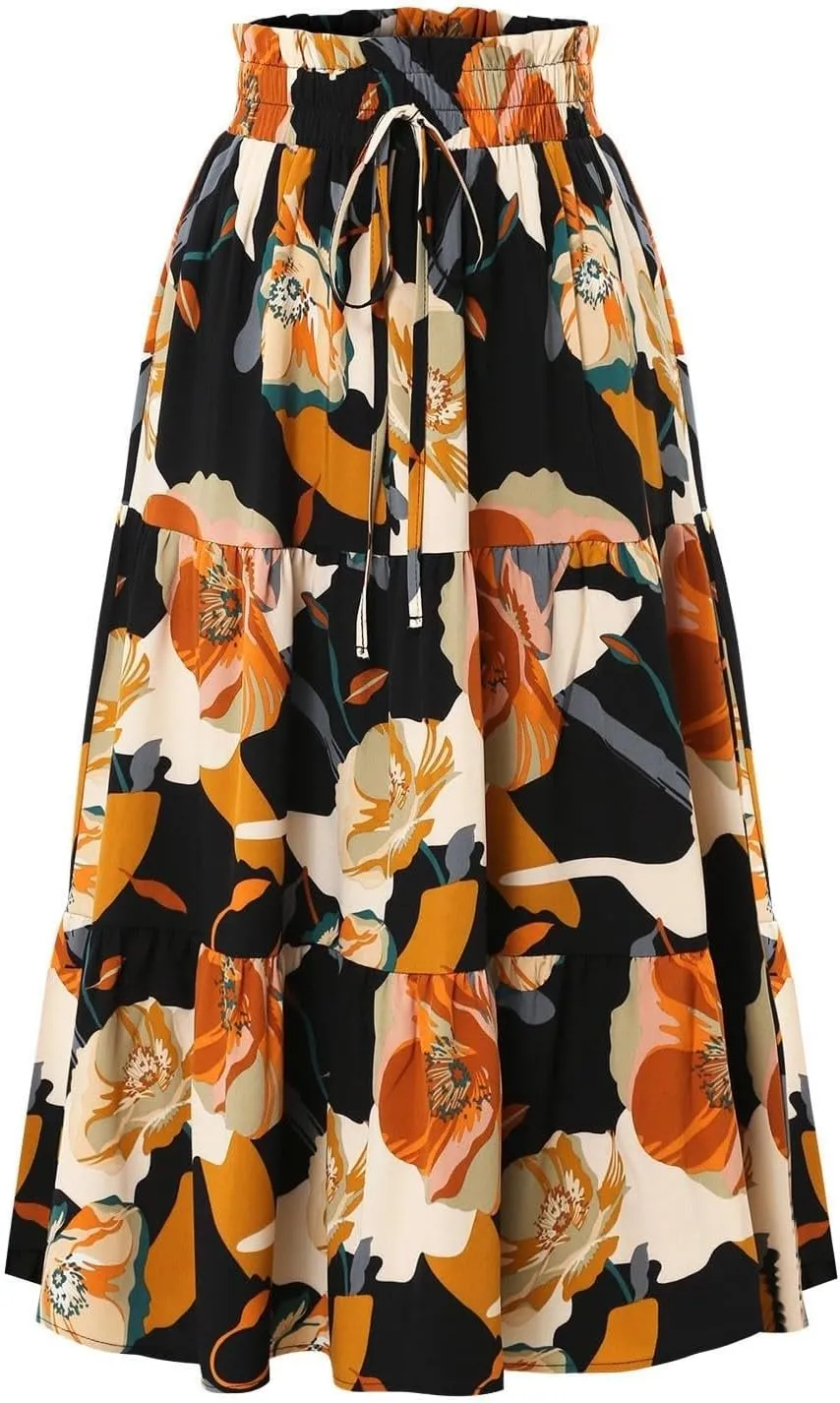 Floral Maxi Skirt for Women Summer Boho Tiered Elastic High Waisted Skirts Vacation A-Line Flowy Swing Long Skirts