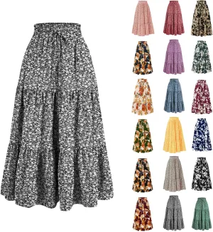 Floral Maxi Skirt for Women Summer Boho Tiered Elastic High Waisted Skirts Vacation A-Line Flowy Swing Long Skirts
