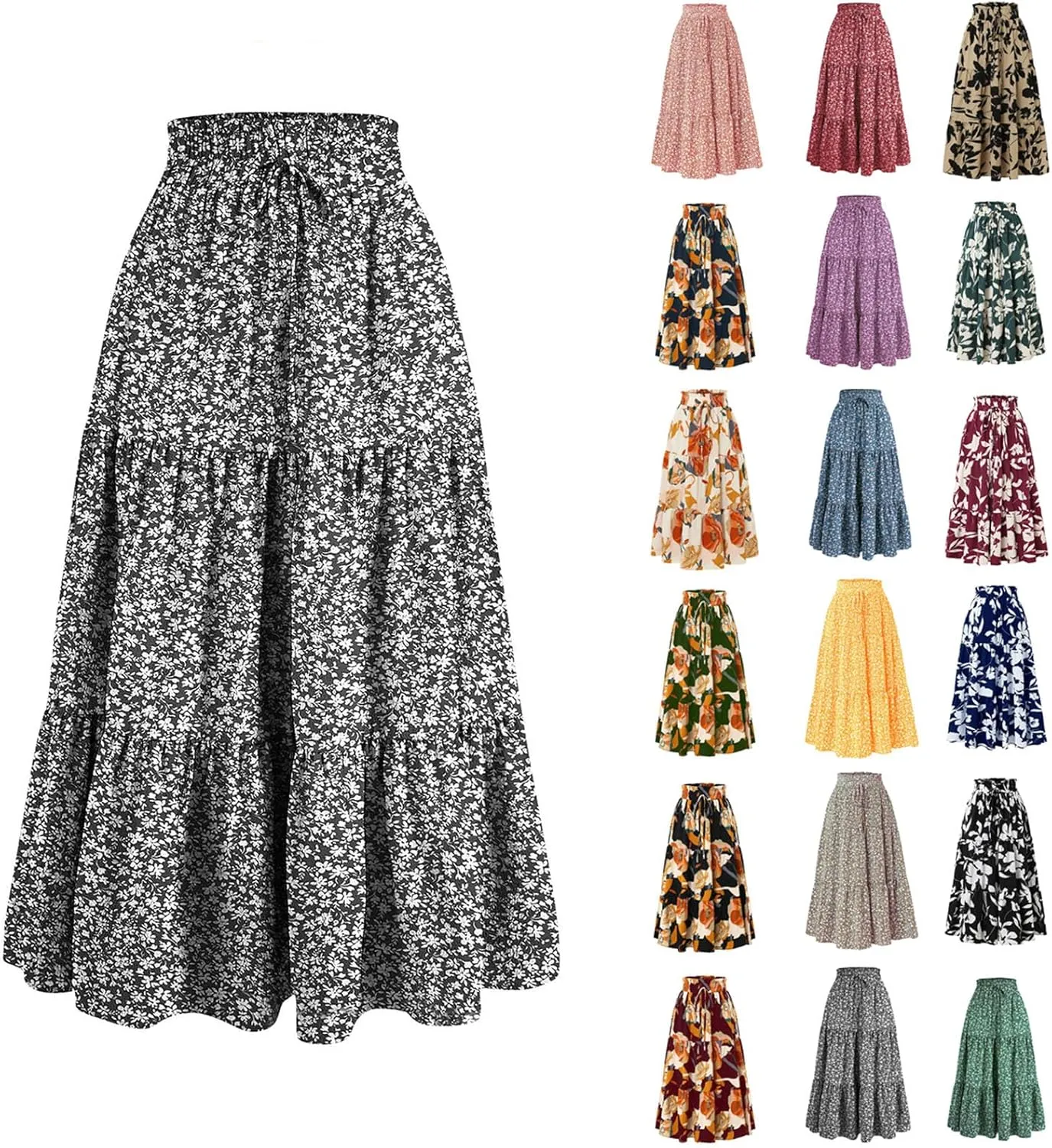 Floral Maxi Skirt for Women Summer Boho Tiered Elastic High Waisted Skirts Vacation A-Line Flowy Swing Long Skirts