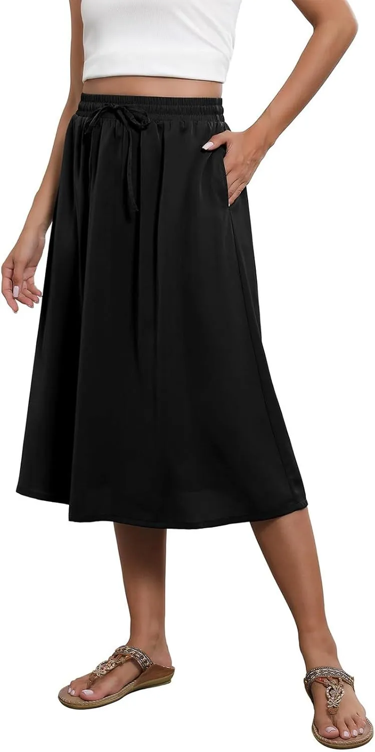Floral Midi Skirt for Women Casual Drawstring Waist A-Line Skirts with Pockets Flowy Vintage Pleated Midi Skirts