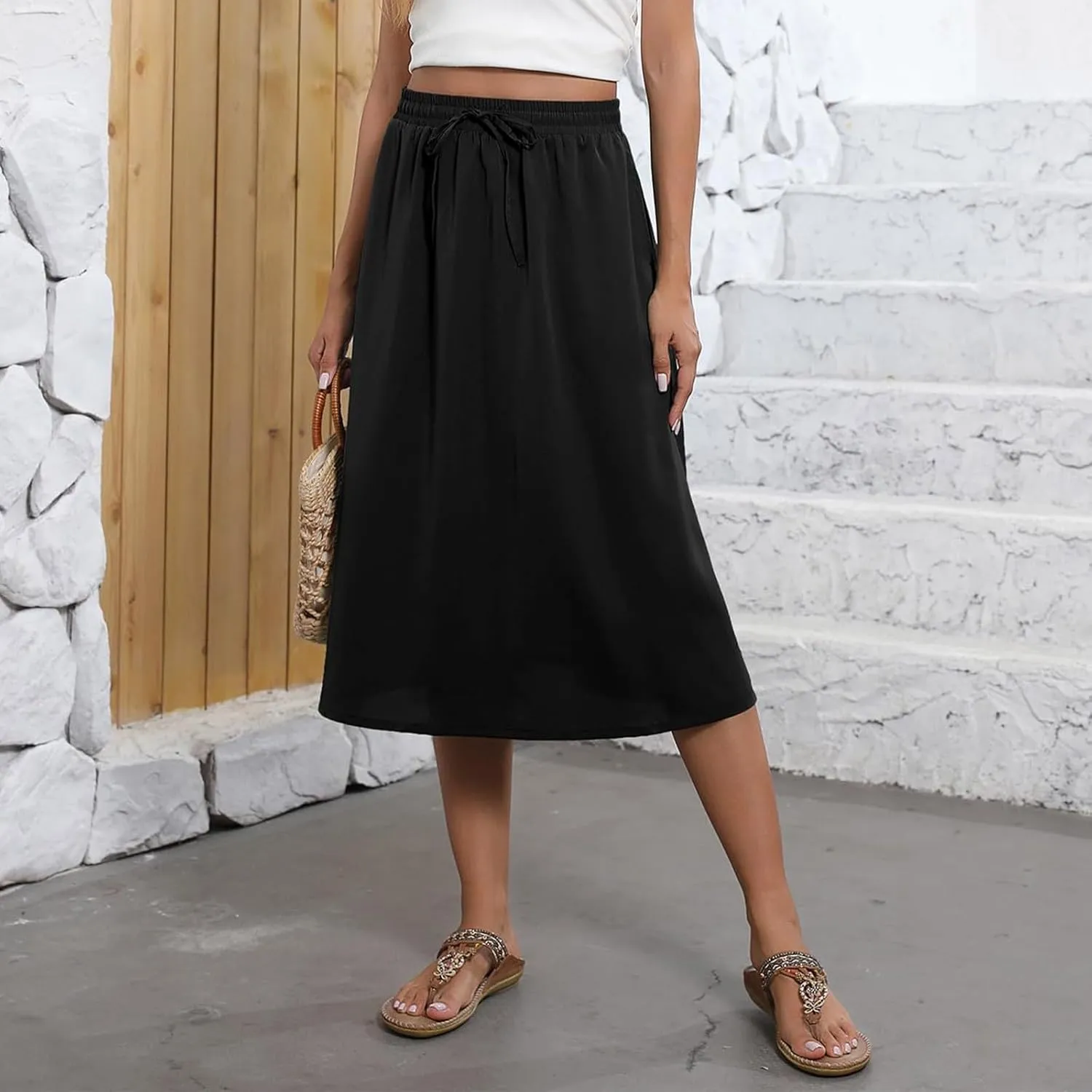 Floral Midi Skirt for Women Casual Drawstring Waist A-Line Skirts with Pockets Flowy Vintage Pleated Midi Skirts