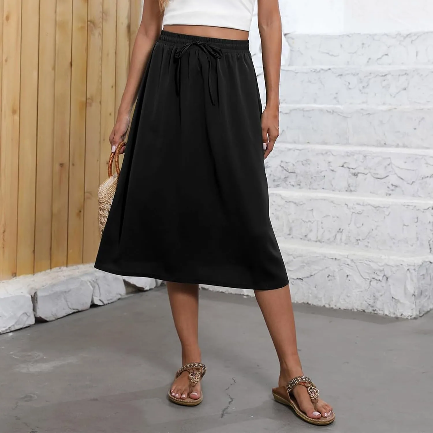 Floral Midi Skirt for Women Casual Drawstring Waist A-Line Skirts with Pockets Flowy Vintage Pleated Midi Skirts