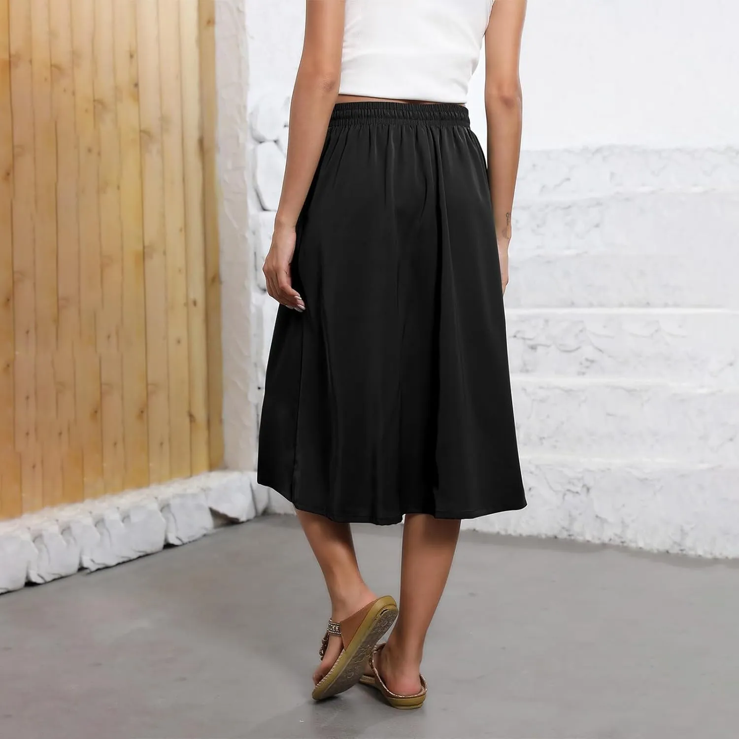 Floral Midi Skirt for Women Casual Drawstring Waist A-Line Skirts with Pockets Flowy Vintage Pleated Midi Skirts