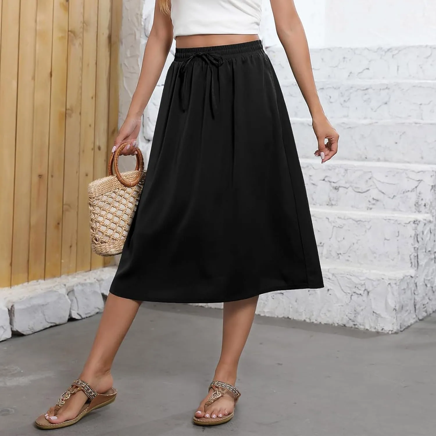 Floral Midi Skirt for Women Casual Drawstring Waist A-Line Skirts with Pockets Flowy Vintage Pleated Midi Skirts