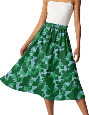 Floral Midi Skirts for Women Summer Drawstring Elastic Waist Knee Length Skirt A Line Ruffle Cute Travel Skirts