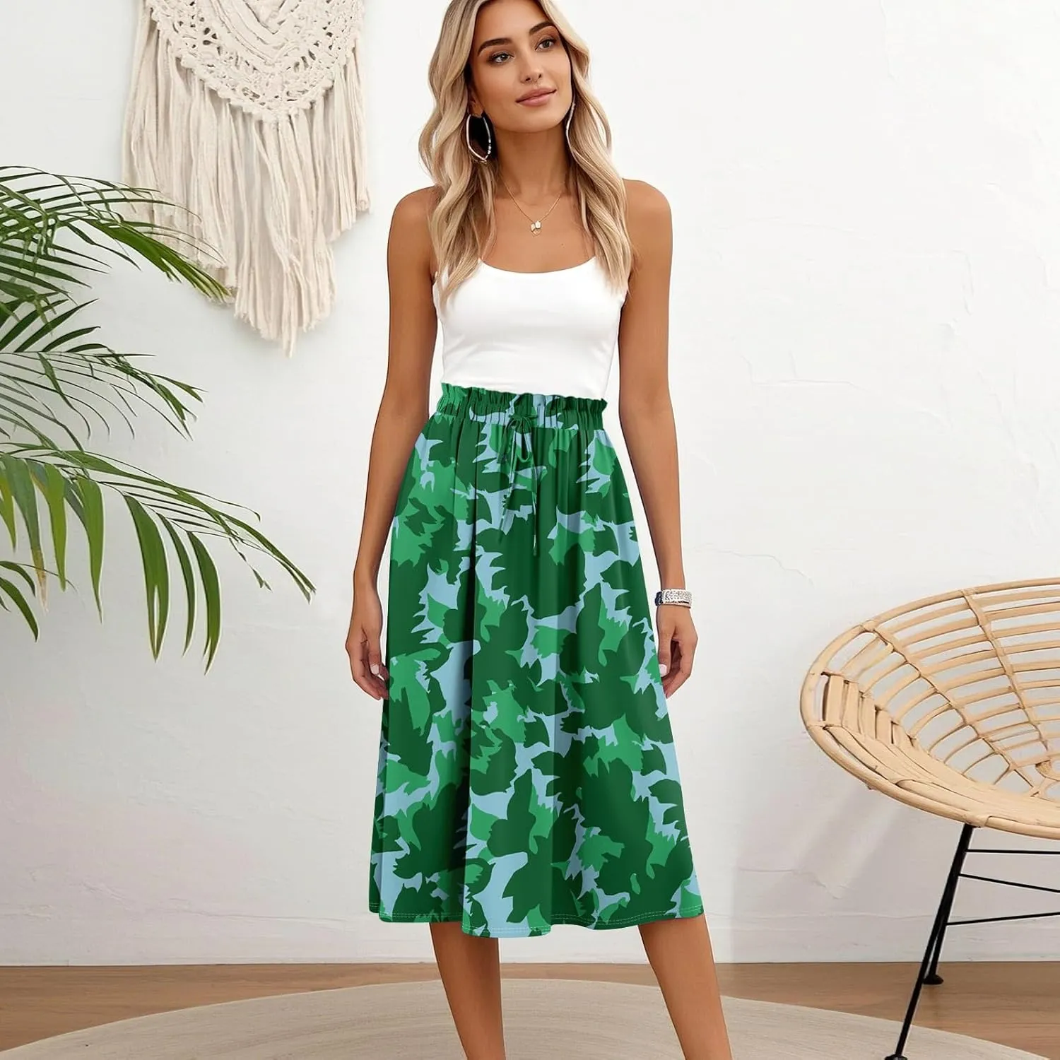Floral Midi Skirts for Women Summer Drawstring Elastic Waist Knee Length Skirt A Line Ruffle Cute Travel Skirts