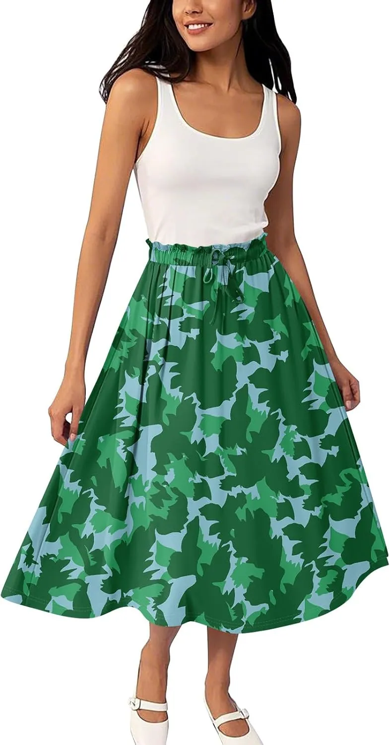 Floral Midi Skirts for Women Summer Drawstring Elastic Waist Knee Length Skirt A Line Ruffle Cute Travel Skirts