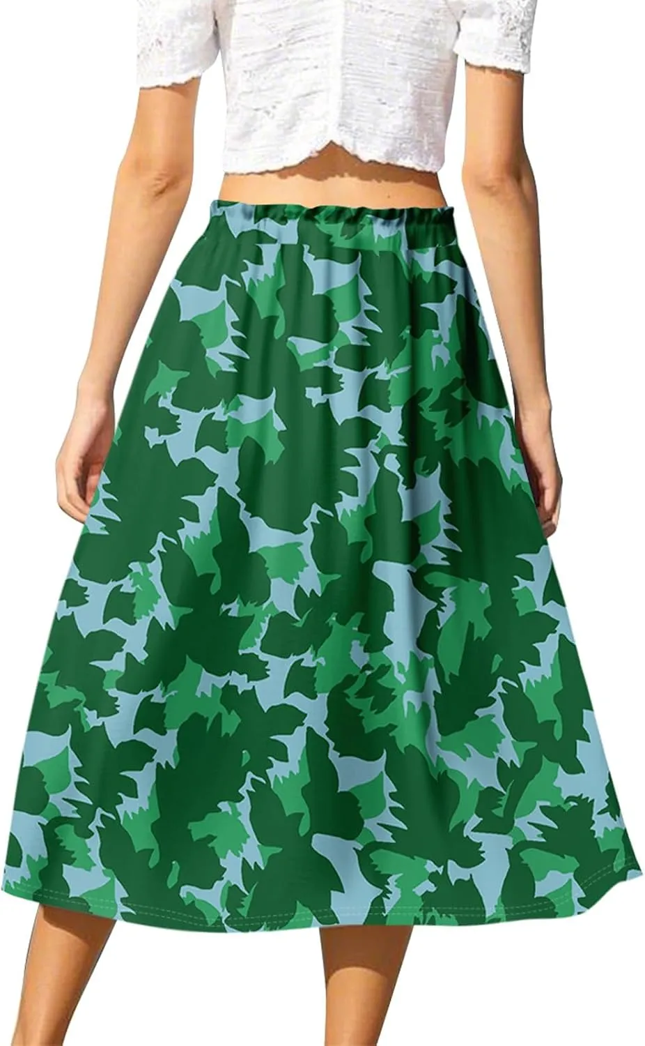 Floral Midi Skirts for Women Summer Drawstring Elastic Waist Knee Length Skirt A Line Ruffle Cute Travel Skirts