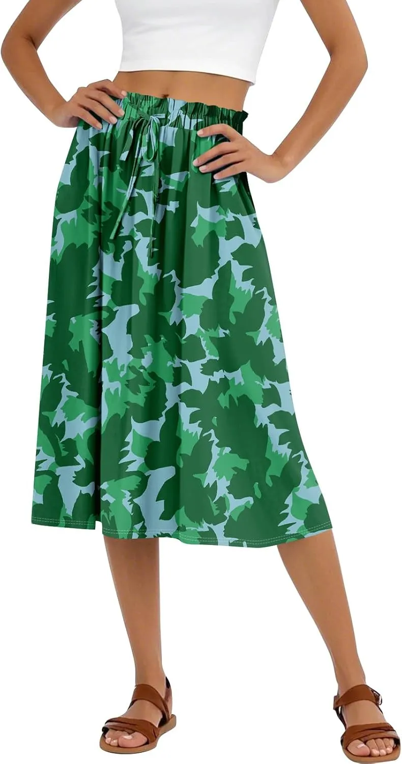 Floral Midi Skirts for Women Summer Drawstring Elastic Waist Knee Length Skirt A Line Ruffle Cute Travel Skirts