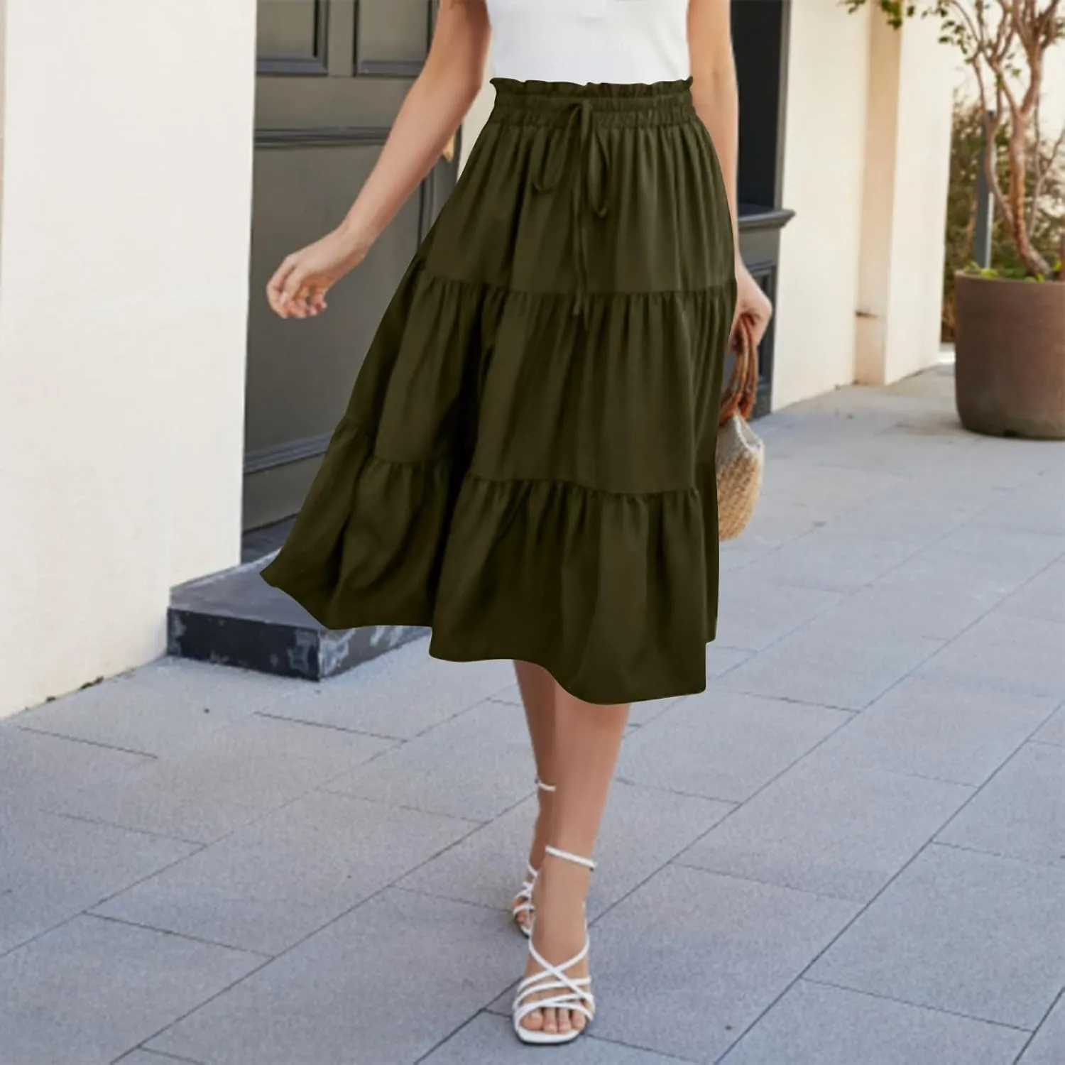 Floral Pleated Skirts for Women Midi Length Summer Casual Boho Renaissance Flowy Plus Size Tiered A Line Skirt