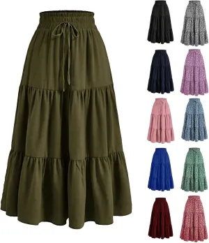 Floral Pleated Skirts for Women Midi Length Summer Casual Boho Renaissance Flowy Plus Size Tiered A Line Skirt