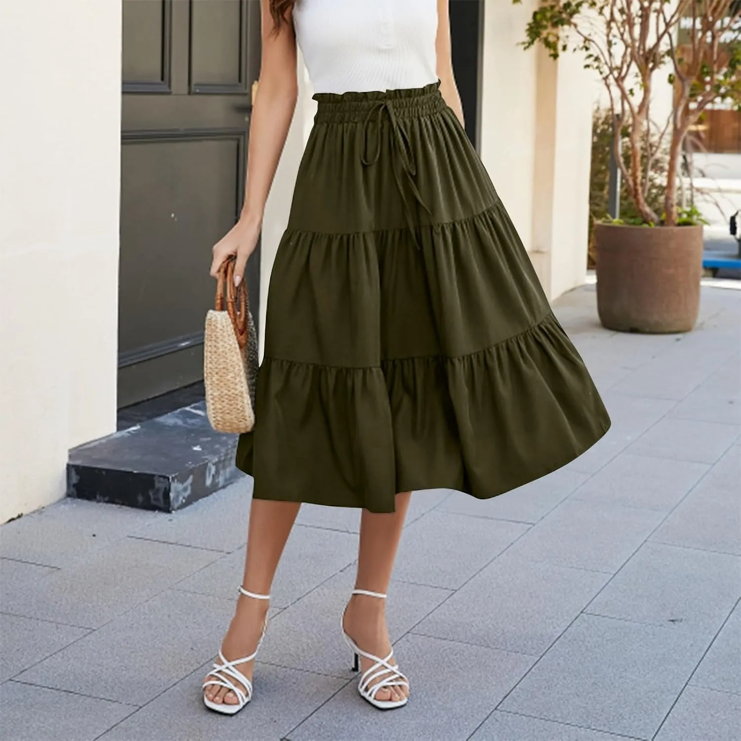 Floral Pleated Skirts for Women Midi Length Summer Casual Boho Renaissance Flowy Plus Size Tiered A Line Skirt