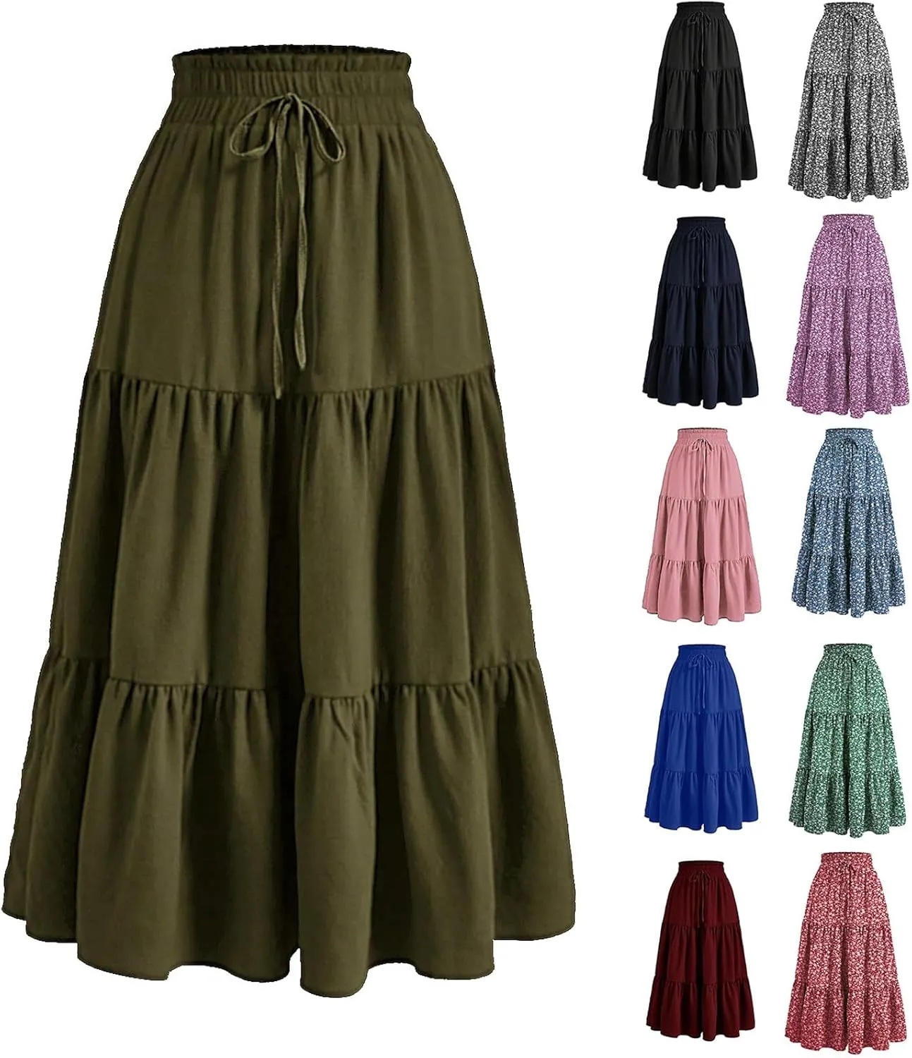 Floral Pleated Skirts for Women Midi Length Summer Casual Boho Renaissance Flowy Plus Size Tiered A Line Skirt