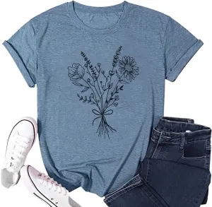 Floral Shirts for Women Boho Wildflower Graphic Workout T Shirts Summer Short Sleeve Nature Tee Tops