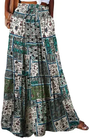 Floral Skirts for Women Summer Loose Casual Trendy Vintage Printed Elastic Waist Boho Beach Maxi Skirt, S-2XL
