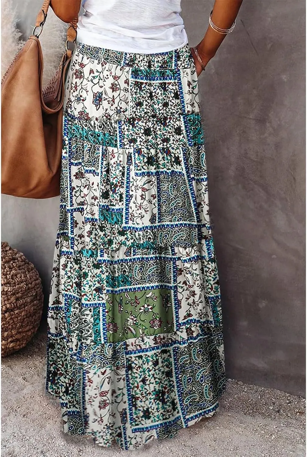 Floral Skirts for Women Summer Loose Casual Trendy Vintage Printed Elastic Waist Boho Beach Maxi Skirt, S-2XL