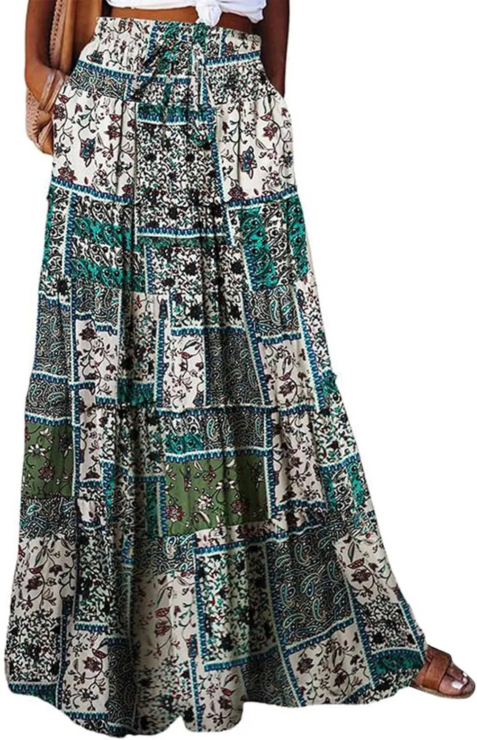 Floral Skirts for Women Summer Loose Casual Trendy Vintage Printed Elastic Waist Boho Beach Maxi Skirt, S-2XL