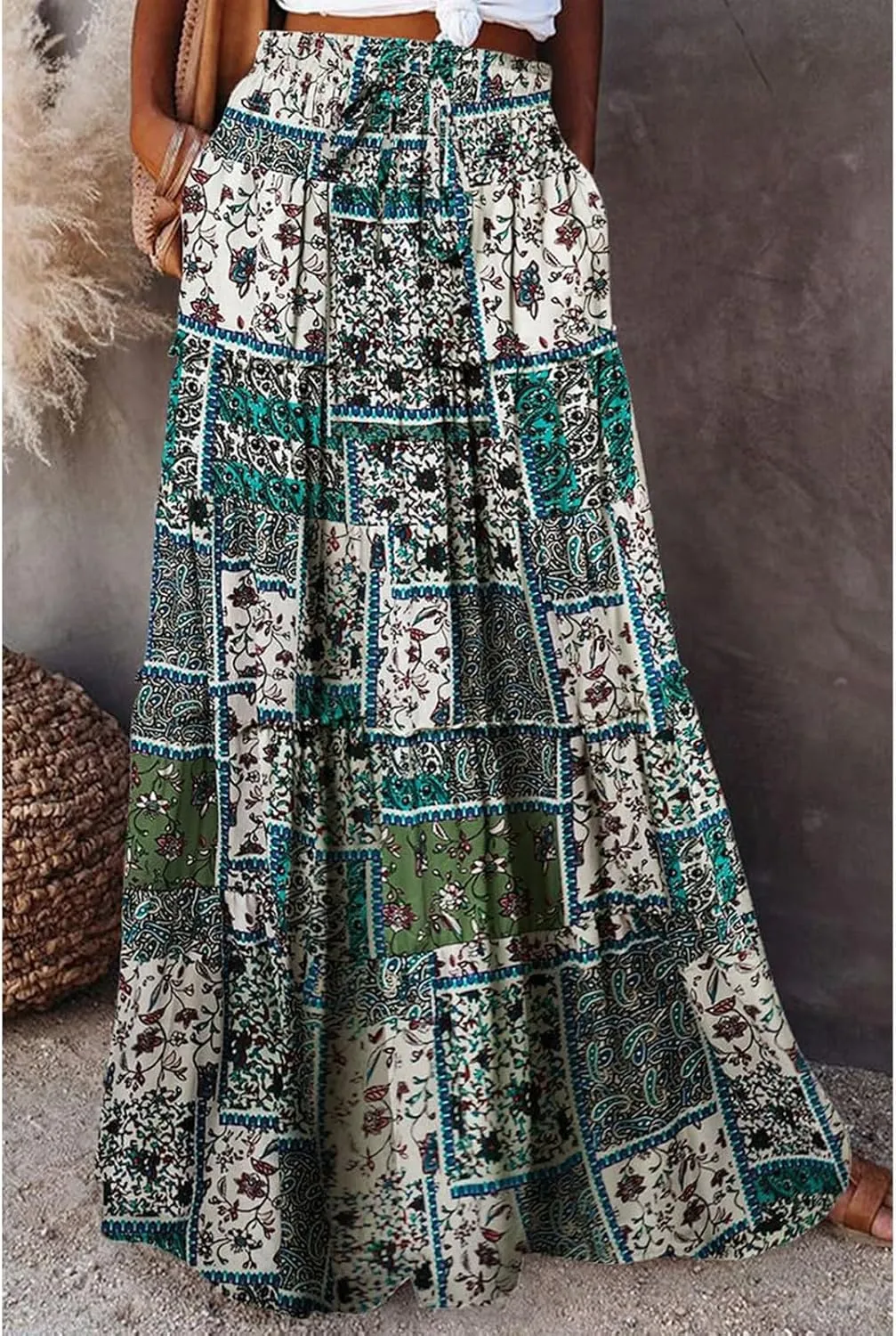 Floral Skirts for Women Summer Loose Casual Trendy Vintage Printed Elastic Waist Boho Beach Maxi Skirt, S-2XL