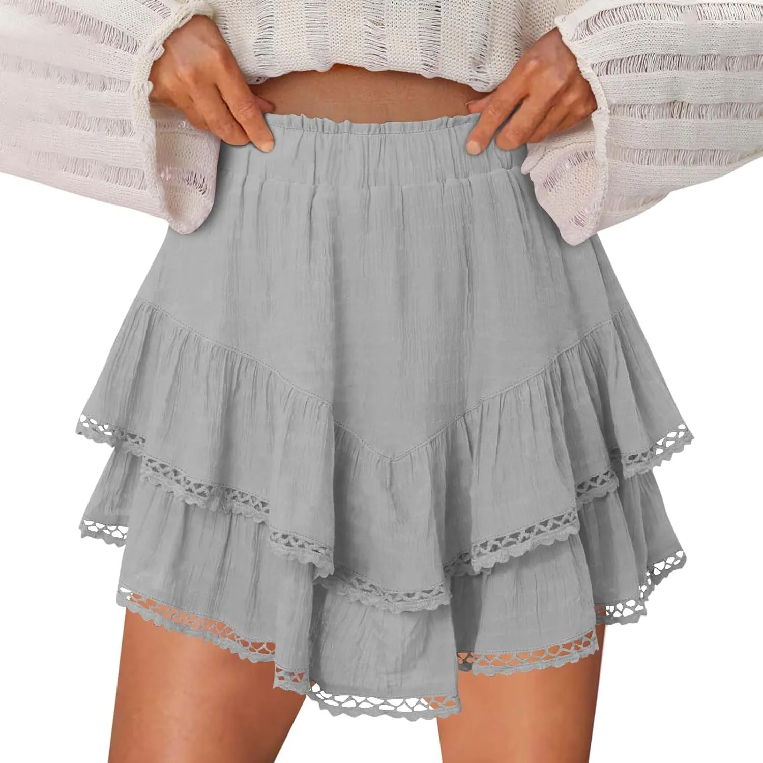 Flowy Shorts for Women Casual 2025 Boho Ruffle Tiered Skorts Elastic High Waisted Cute Mini Skirts Golf Tennis Shorts
