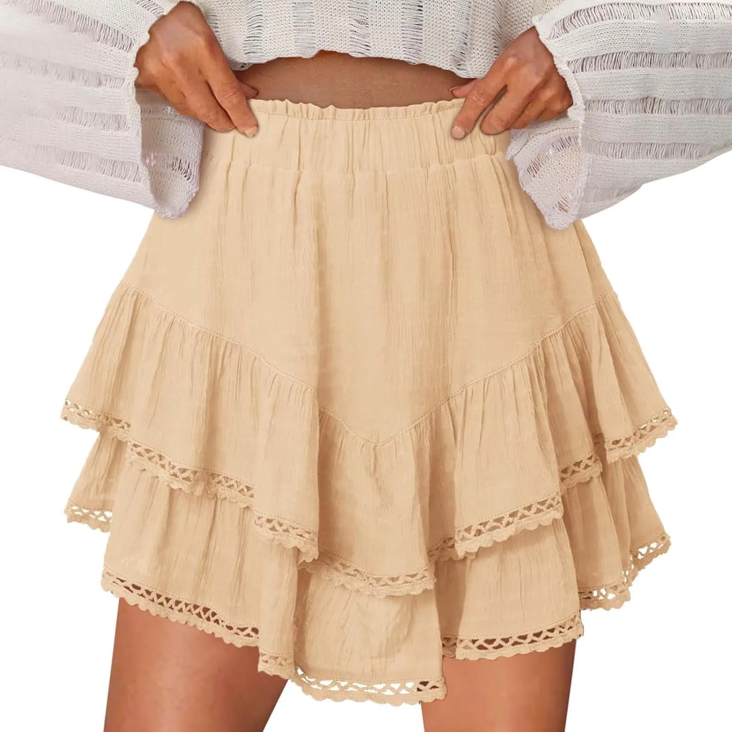 Flowy Shorts for Women Summer Casual Boho Ruffle Tiered Skorts High Waist Mini Skirts Golf Tennis Lace Crochet Shorts