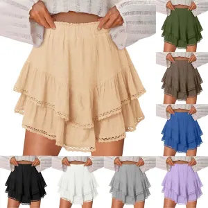 Flowy Shorts for Women Summer Casual Boho Ruffle Tiered Skorts High Waist Mini Skirts Golf Tennis Lace Crochet Shorts