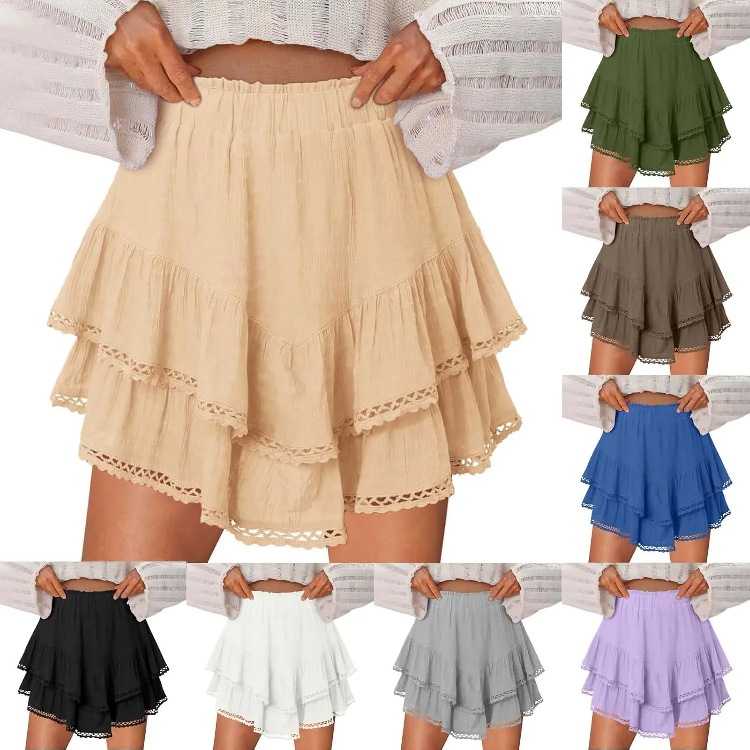 Flowy Shorts for Women Summer Casual Boho Ruffle Tiered Skorts High Waist Mini Skirts Golf Tennis Lace Crochet Shorts