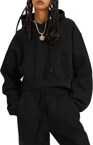 Flygo Womens Fleece 2 Piece Outfits Sweatsuit Crop Pullover Sweatshirt Joggers Pants Tracksuit Set