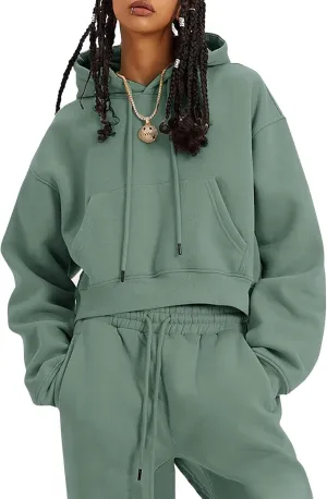 Flygo Womens Fleece 2 Piece Outfits Sweatsuit Crop Pullover Sweatshirt Joggers Pants Tracksuit Set
