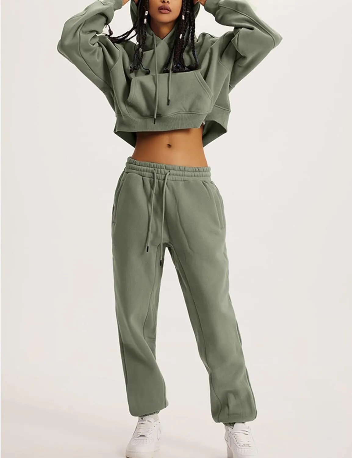 Flygo Womens Fleece 2 Piece Outfits Sweatsuit Crop Pullover Sweatshirt Joggers Pants Tracksuit Set