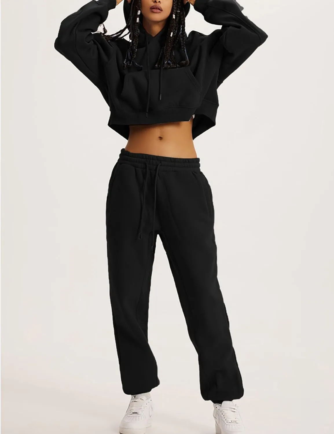 Flygo Womens Fleece 2 Piece Outfits Sweatsuit Crop Pullover Sweatshirt Joggers Pants Tracksuit Set