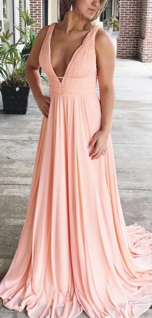 Full length V-neck Blush Pink Prom Dress