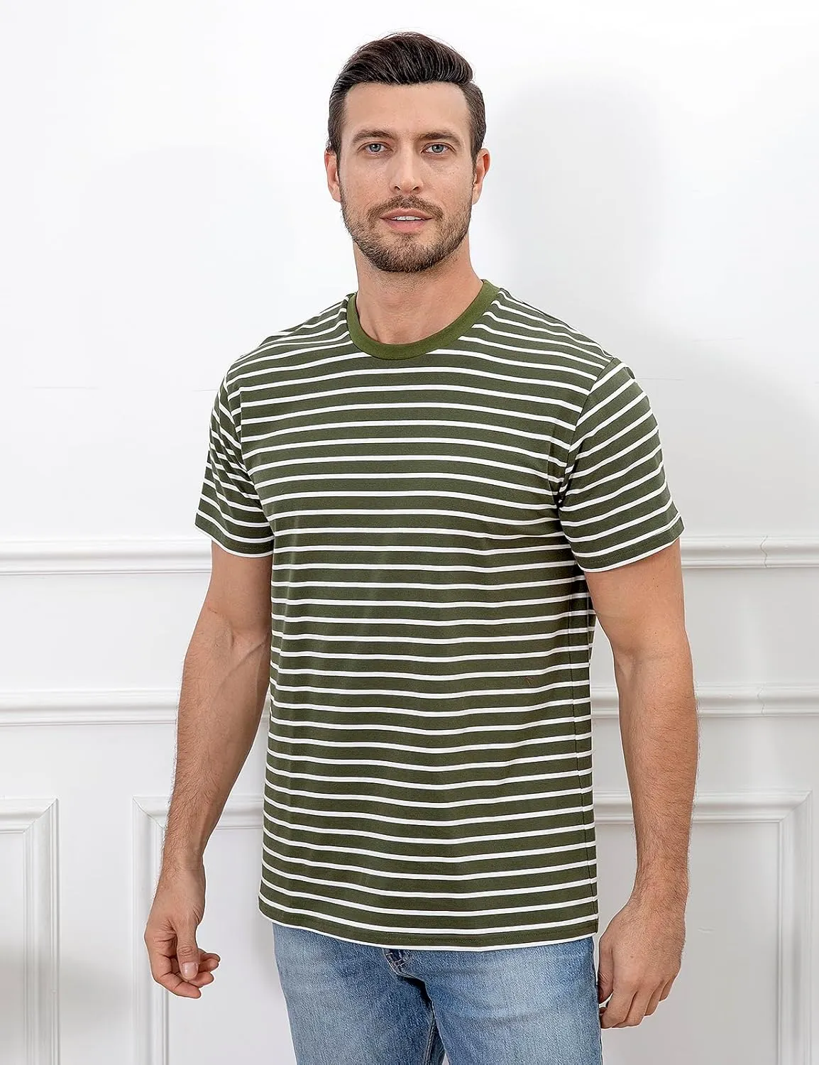 Funny World Men's Casual Cotton Striped T-Shirts Short Sleeve Crewneck Basic Tee