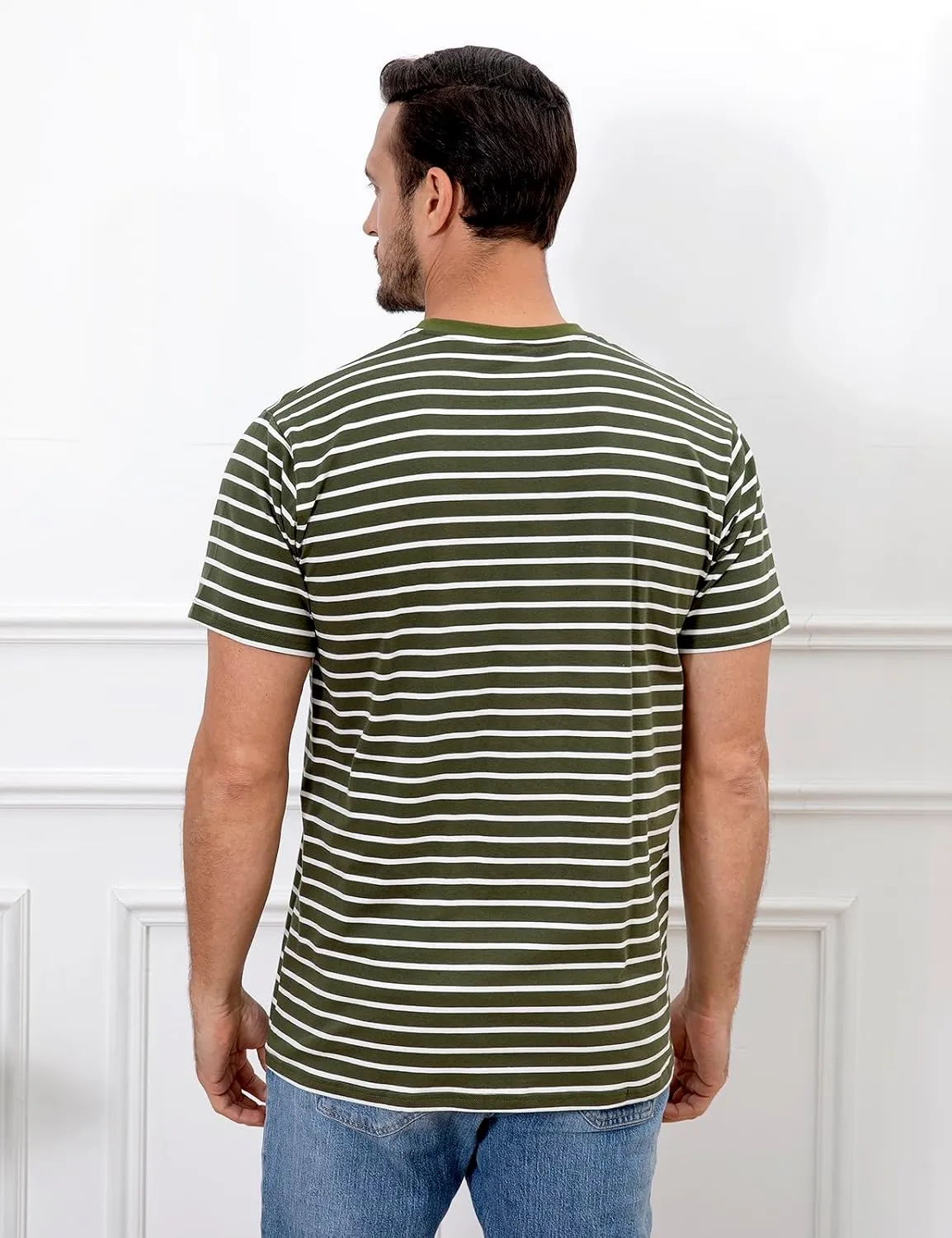 Funny World Men's Casual Cotton Striped T-Shirts Short Sleeve Crewneck Basic Tee