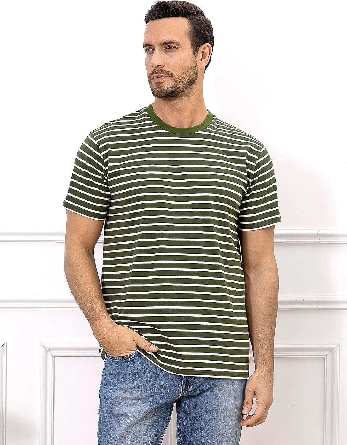 Funny World Men's Casual Cotton Striped T-Shirts Short Sleeve Crewneck Basic Tee