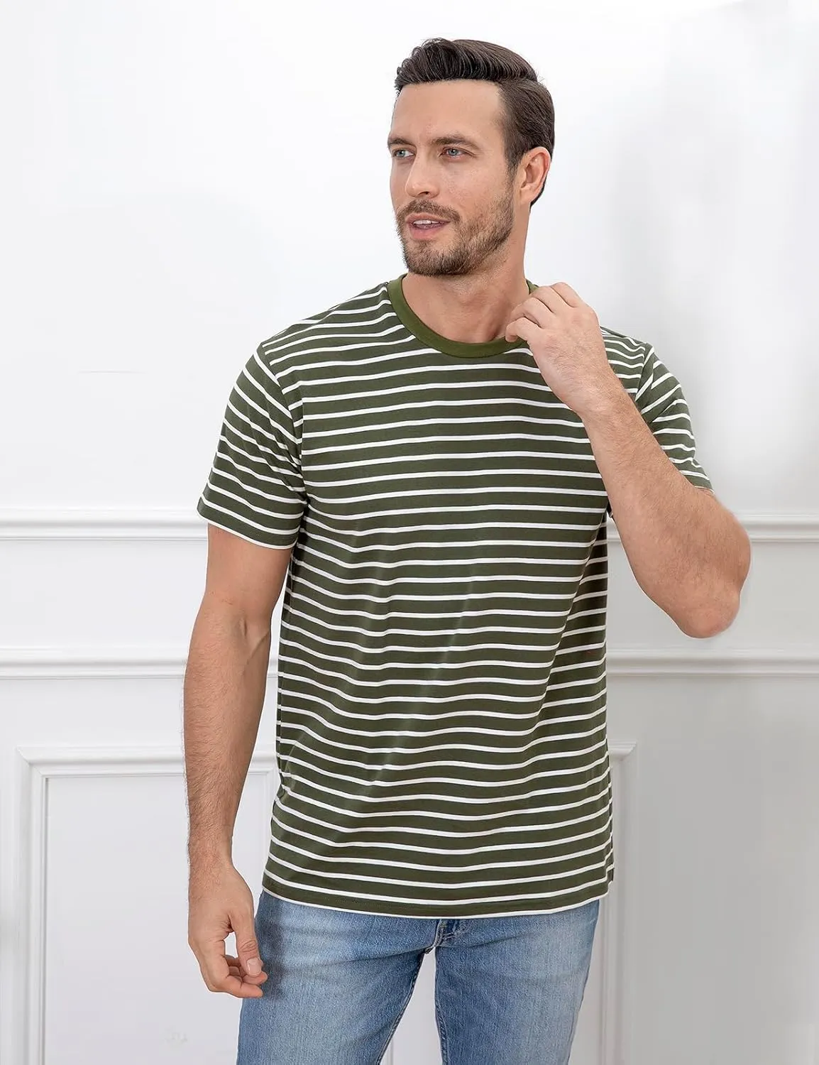 Funny World Men's Casual Cotton Striped T-Shirts Short Sleeve Crewneck Basic Tee