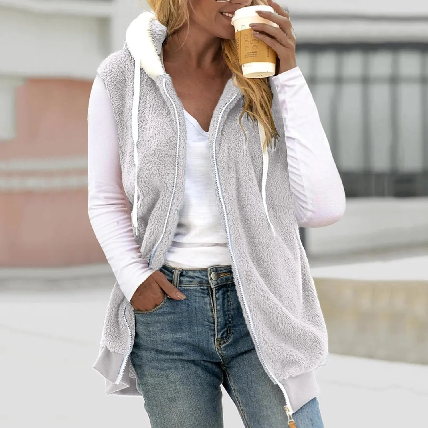 Fuzzy Fleece Vest For Women Zip Up Fall Fashion Hooded Sleeveless Sherpa Jacket With Pockets Lightweight Vest