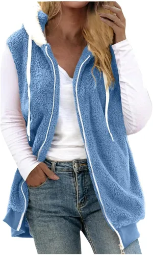 Fuzzy Fleece Vest For Women Zip Up Fall Fashion Hooded Sleeveless Sherpa Jacket With Pockets Lightweight Vest
