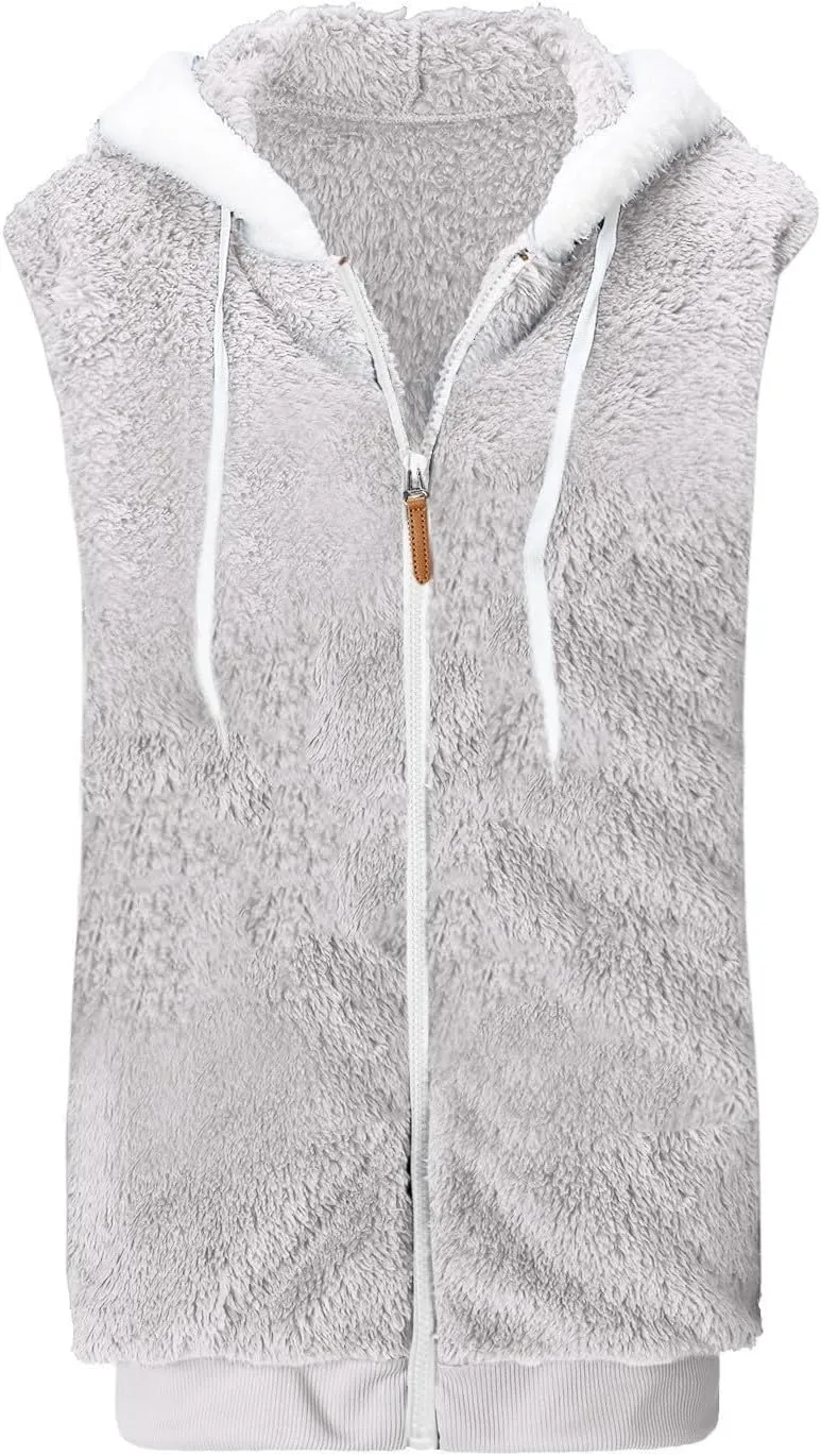 Fuzzy Fleece Vest For Women Zip Up Fall Fashion Hooded Sleeveless Sherpa Jacket With Pockets Lightweight Vest