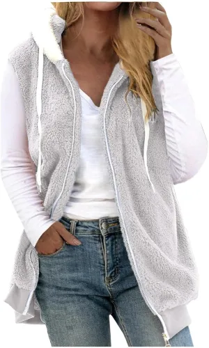 Fuzzy Fleece Vest For Women Zip Up Fall Fashion Hooded Sleeveless Sherpa Jacket With Pockets Lightweight Vest