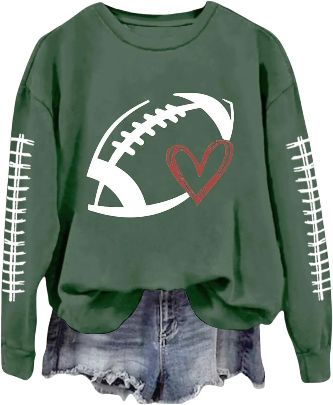 Game Day Shirts Women Heart Football Printed Lightweight Crewneck Long Sleeve Pullover Graphic Hoodies Mom Shirts
