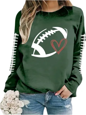 Game Day Shirts Women Heart Football Printed Lightweight Crewneck Long Sleeve Pullover Graphic Hoodies Mom Shirts