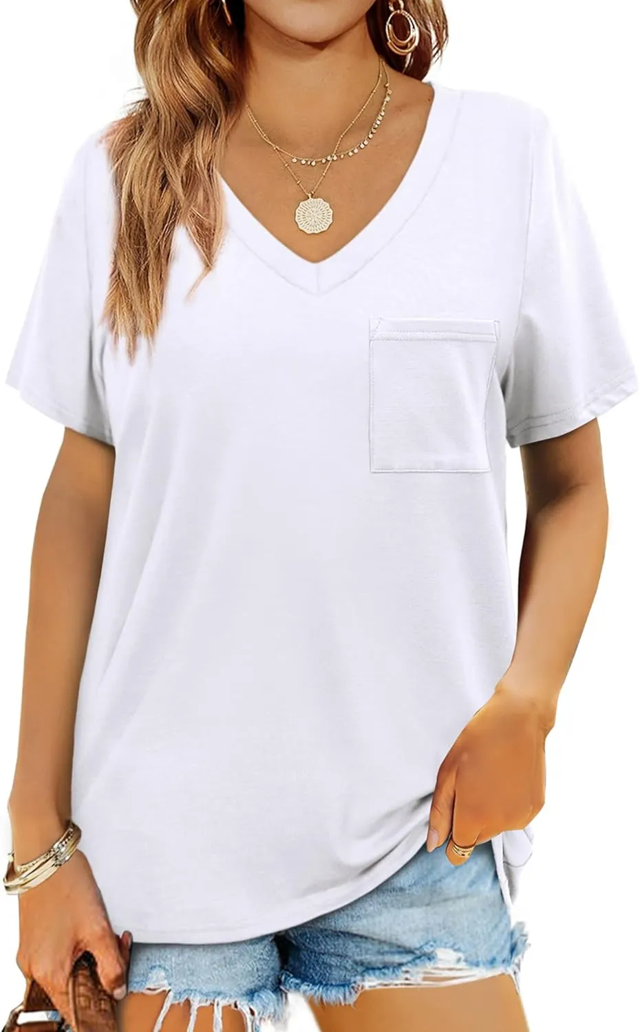 Geifa Womens T Shirts Short Sleeve V Neck Casual Summer Tops Tshirts with Pocket