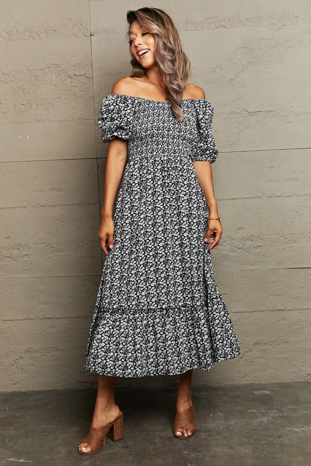 Gentle Charm Floral Off The Shoulder Midi Dress