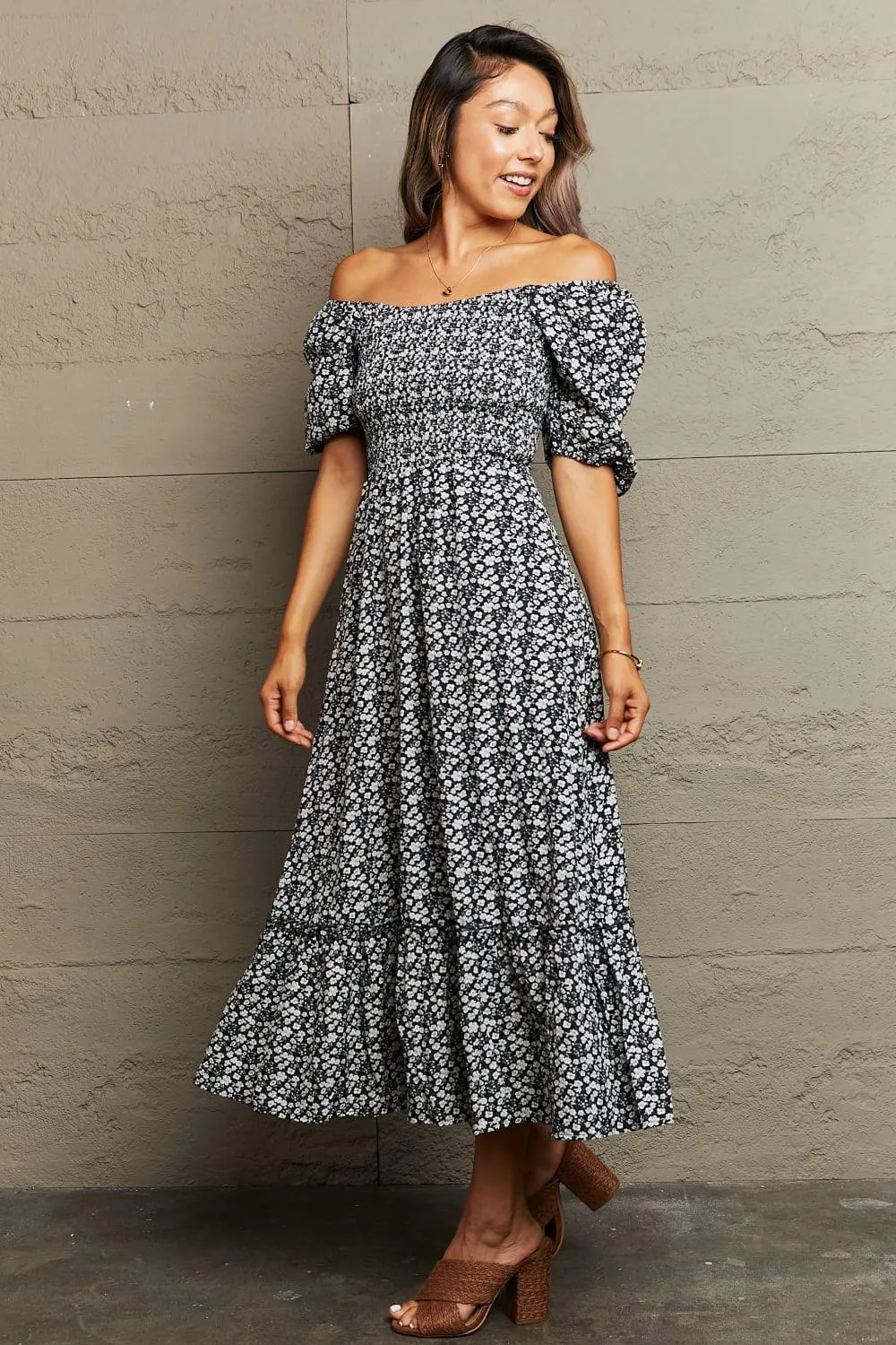 Gentle Charm Floral Off The Shoulder Midi Dress
