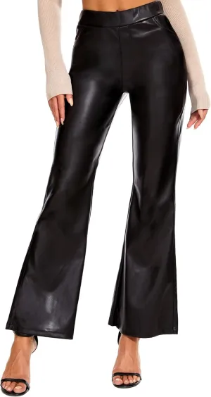 Ginasy Faux Leather Bell Bottom Pants for Women Flare Trousers High Waist Bootcut Pleather Slacks with Pockets