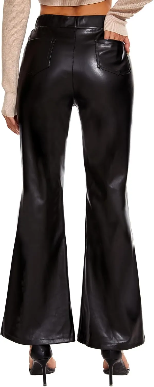 Ginasy Faux Leather Bell Bottom Pants for Women Flare Trousers High Waist Bootcut Pleather Slacks with Pockets